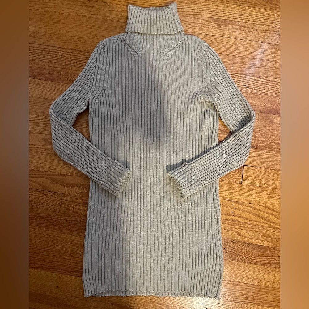 Chloe Neutral Beige Rib Knit Turtleneck Sweater Mini Dress, Size M